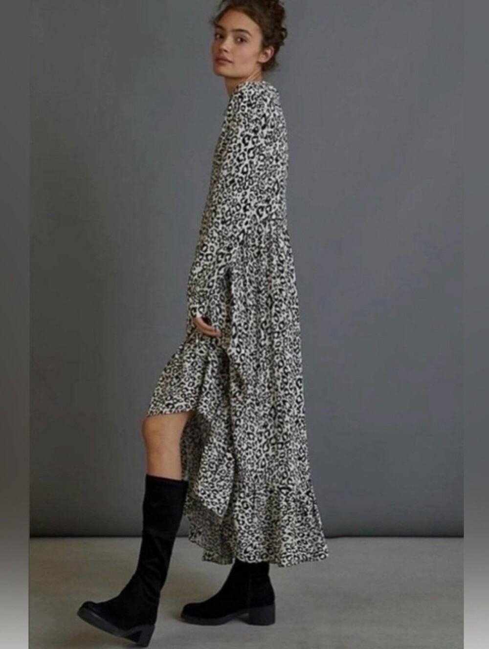 Anthropologie Mare Mare Lynda Maxi Dress Tiered Long Sleeve Leopard Print Medium